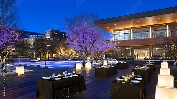 Obraz Elegant Evening Outdoor Event with Illuminated Trees and Poolside Dining