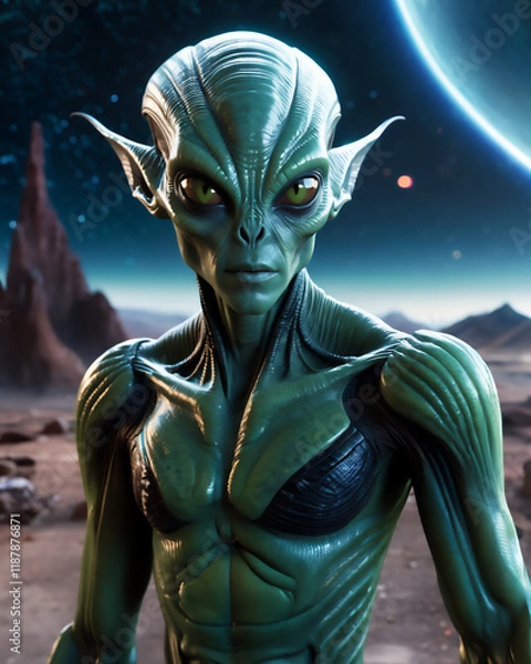 Fototapeta Alien Exploring a Futuristic Planet with Surreal Landscape