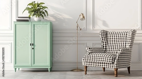 Fototapeta Real photo of a spacious pastel office interior with mint cupboard standing against white wall with copy space next to an armchair with houndstooth pattern