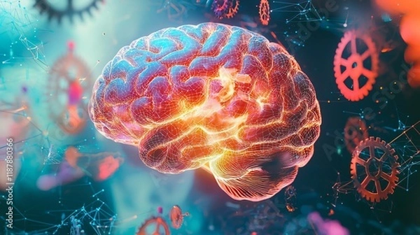 Fototapeta A close-up of a vibrant human brain illuminated with abstract patterns, representing creativity and thought, surrounded by floating mathematical symbols and gears.