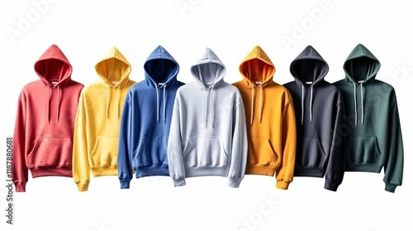 Fototapeta This studio shot features a curated selection of trendy hooded and crewneck sweatshirts, showcasing their distinct designs, textures, and colors against a clean white background.