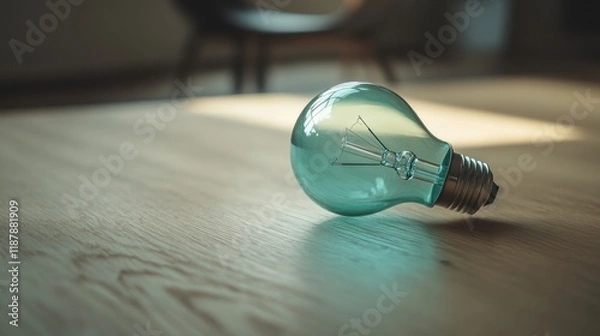 Fototapeta Teal Lightbulb on Wooden Surface: A Symbol of Ideas and Innovation