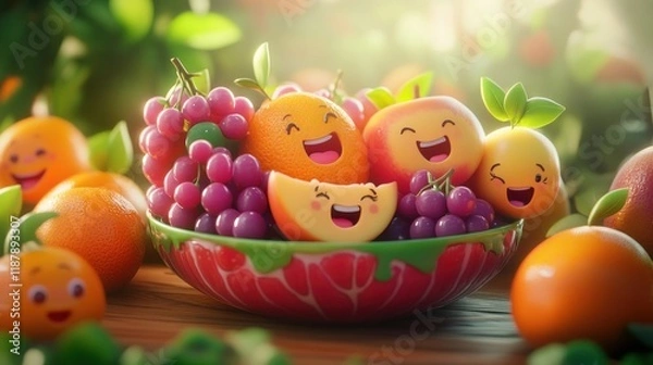 Obraz Happy Fruits Bowl: A Delightful 3D Render of Smiling Fruits in a Vibrant Bowl