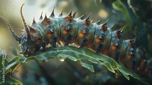 Fototapeta Close-up of a spiky, colorful caterpillar crawling on a green leaf in sunlight.