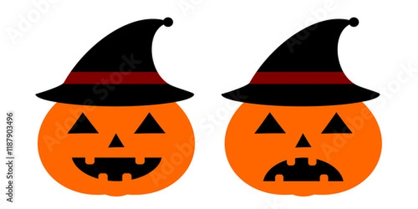 Obraz Pumpkin with witch hat. Halloween scary jack o lantern with black hats vector illustration. Pumpkin clip art evil printable graphic element