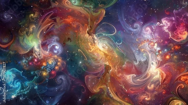 Fototapeta a fantastical dreamscape of swirling colors and mystical creatures, white space in the center of the page for text, vibrant and ethereal tones against a starlit backdrop