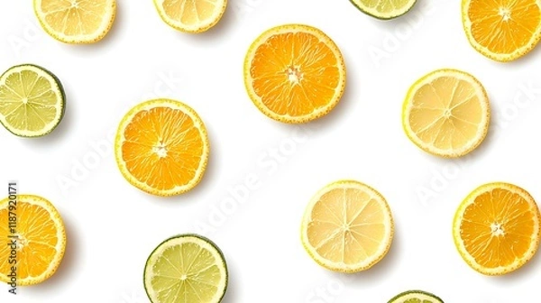 Fototapeta Citrus fruit slices pattern, overhead, white background, vibrant, food blog