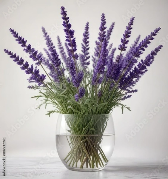 Obraz A beautiful arrangement of fresh lavender sprigs in shades of purple and white arranged in a large, clear glass vase on a soft, white background, pastel colors, lavender, fragrant flowers