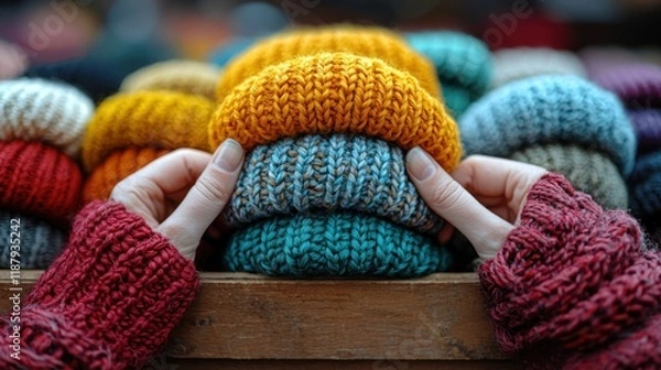 Fototapeta Hands arranging colorful knitted hats in a display.