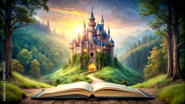 Fototapeta Magic castle in the forest with magic book. Fairy tale concept. Created with Generative AI