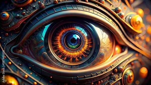 Fototapeta Robotic Eye Macro: 3D Close-up of Robotic Aperture, Symbolizing AI Vision & Future Technology