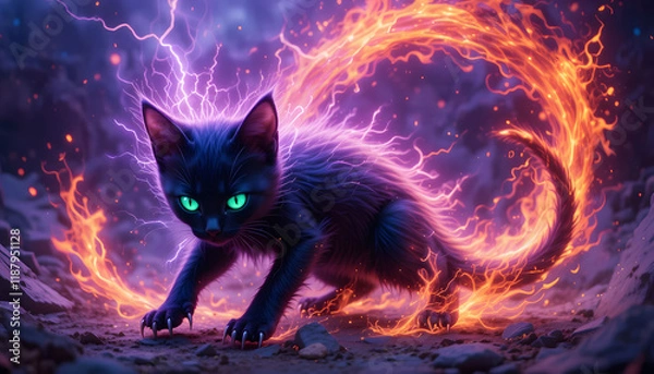 Fototapeta Fiery, magical black kitten with glowing eyes.