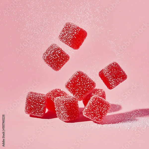 Obraz Delicious red gummy candies sprinkled with sugar, floating against pink background, creating playful and vibrant scene. Perfect for sweet treats and desserts