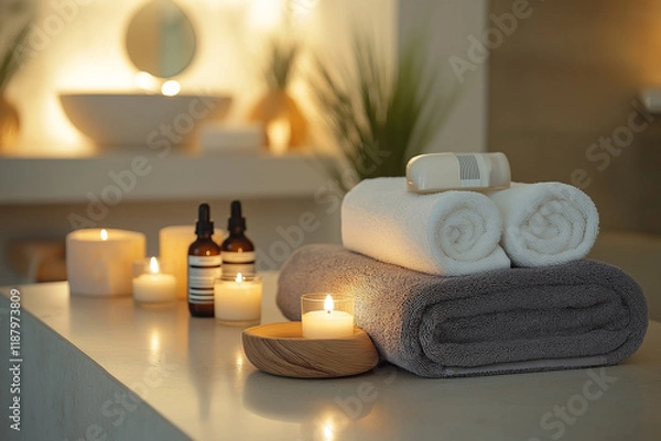 Fototapeta A photostock of a luxurious spa setup with towels, candles, and essential oils. Concept spa photography.
