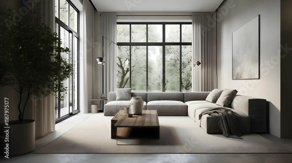 Obraz Modern apartment living room, large windows, tree view, calm atmosphere, interior design