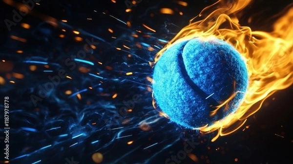Fototapeta Tennis ball in fire and fast on background,motion of tennis racket hitting the ball,Tennis ball in flames,sport day,space for text.