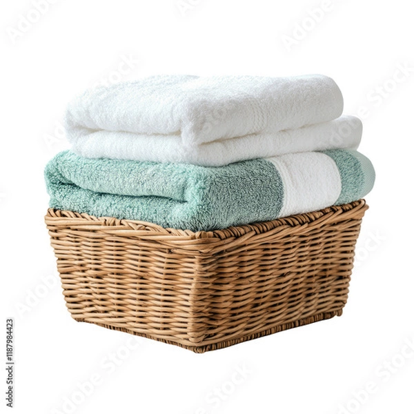 Obraz Freshly Folded Towels Stack in a Woven Basket for Home Decor and Bathroom Styling