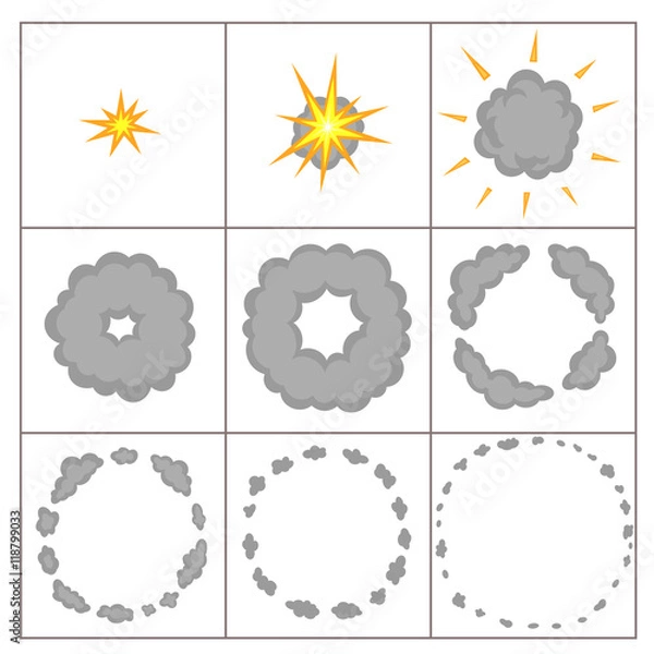 Fototapeta Explode effect animation with smoke. Cartoon bang explosion frames for game. Sprite sheet for cartoon fire puff explosion, mobile, flash game effect animation.