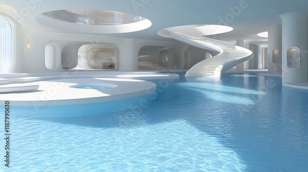 Fototapeta A futuristic VR experience in a luxury home with floating stairs and glowing paths. Perfect for ads on smart homes, future tech, or luxury real estate, blending modern design with digital innovation.