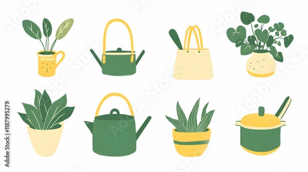 Fototapeta Flat-lay illustration of houseplants, teapot, and cookware on white background for home decor design