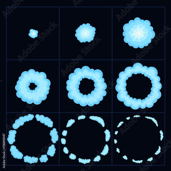 Fototapeta Explode effect animation with smoke. Cartoon bang explosion frames for game. Sprite sheet for cartoon fire puff explosion, mobile, flash game effect animation. 