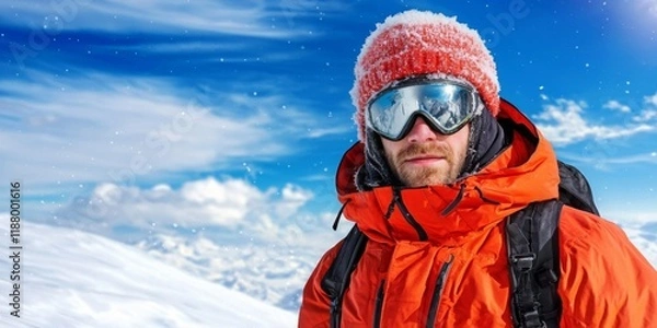 Fototapeta Perseverance meets challenge with mindset. A mountaineer in an orange jacket with goggles against a snowy backdrop and blue sky.