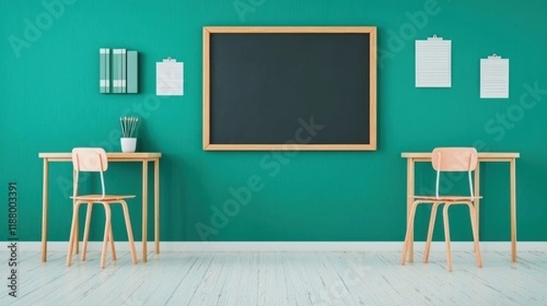 Fototapeta A minimalist workspace with green walls, two wooden desks, chairs, a chalkboard, and decorative items, creating an inviting and productive environment.