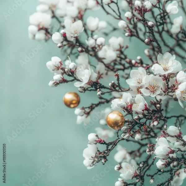 Obraz Elegant Spring Blossom Branch with Golden Spheres  Soft Blue Background  Floral Photograph