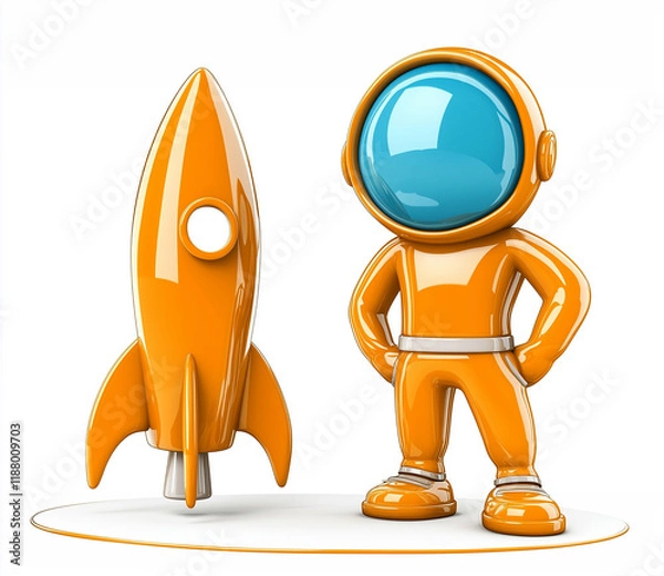 Fototapeta Bright orange astronaut standing confidently beside a colorful rocket in a playful cartoon style
