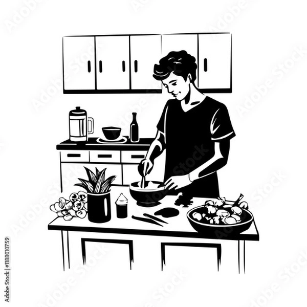 Obraz A hand drawn style illustration showing man cooking alone