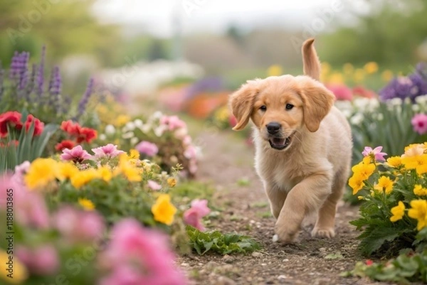Fototapeta Adorable Golden Retriever Puppy in Spring Flowers
