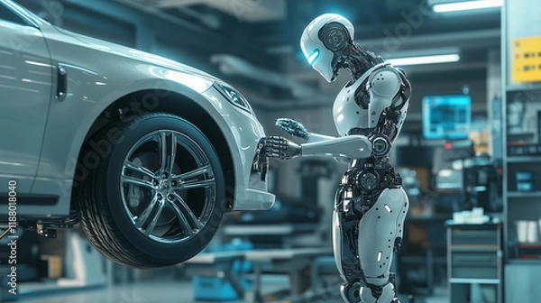 Fototapeta Humanoid robot conducting mechanical adjustments on a car in a modern auto shop, showcasing AI-driven precision in automotive maintenance. Image made using Generative AI