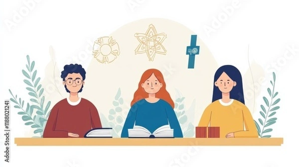 Fototapeta Diverse Group of Students Engaged in Learning Together with Books and Educational Symbols in a Bright and Cheerful Study Environment