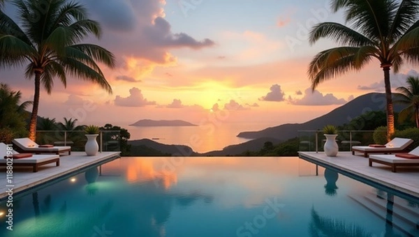 Fototapeta Sunrise Elegance: Tropical Poolside Luxury with Creamsicle Hues & Palm Trees