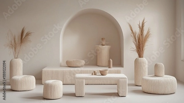 Fototapeta Minimalist beige room interior with textured furniture and pampas grass.