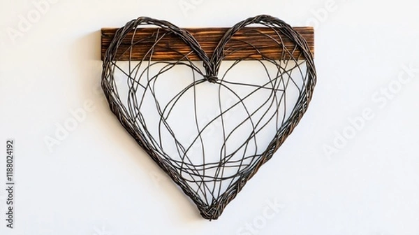 Fototapeta A wire heart design mounted on a wooden frame, displayed against a white background