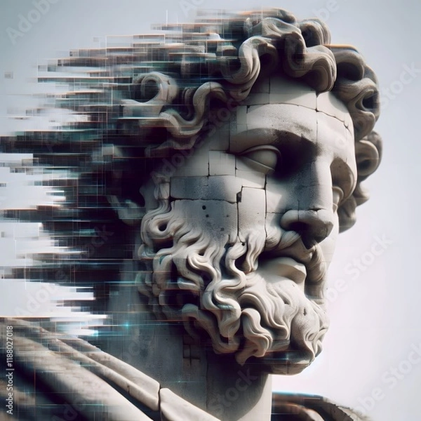 Obraz An ancient statue reimagined using deepfake technology, turning its rigid stone form into a lifelike, moving figure with subtle digital glitches
