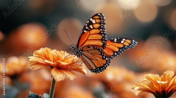 Fototapeta Close-up of a Monarch Butterfly on an Orange Flower in a Garden
