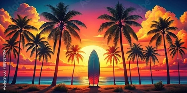 Fototapeta Vibrant Sunset Surfboard Design with Palm Trees: Nostalgic Beach Vibe Stock Photo