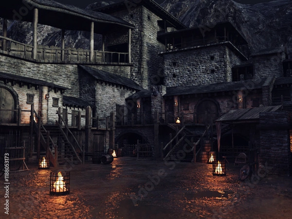 Obraz Towers and stairs in a fantasy medieval castle courtyard, with fire burners, at night. 3D render. Made from 3d resources and painted elements. No AI used. 