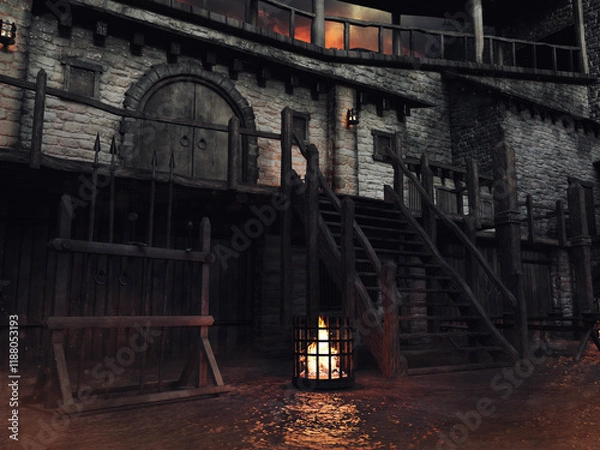 Obraz Medieval courtyard in a fantasy castle with fortifications and a fire burner. 3D render. Made from 3d resources and painted elements. No AI used. 