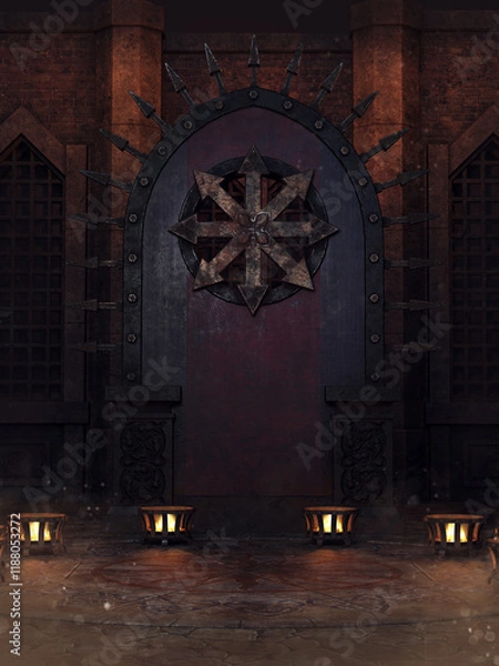 Obraz Fantasy altar in a dark medieval temple with an iron chaos star and fire burners. 3D render. Made from 3d resources and painted elements. No AI used. 