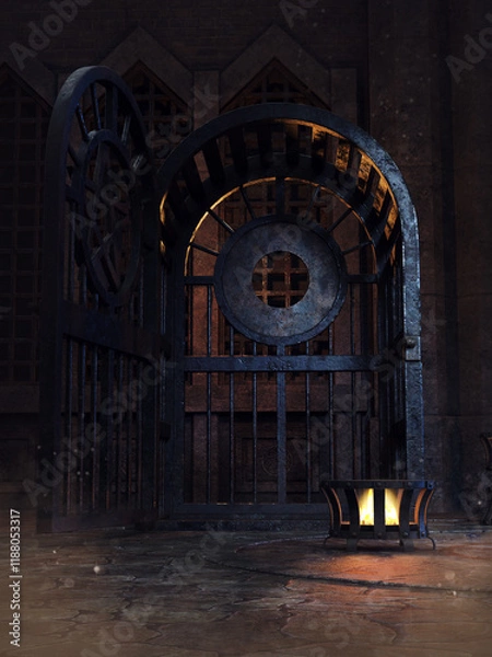 Obraz Door in a fantasy medieval temple with iron bars and a fire burner at night. 3D render. Made from 3d resources and painted elements. No AI used. 