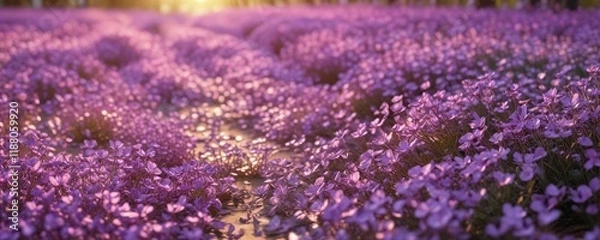 Obraz golden light illuminates rows of delicate purple petals, floral fields, field of lavender