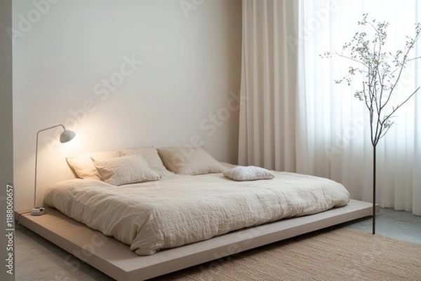 Fototapeta Serene bedroom with a simple bed setup and modern lighting.