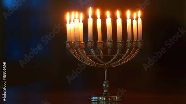 Fototapeta Beautiful candle holder with many lit candles is placed on a table. The candles are evenly spaced and the holder is made of metal, giving it a sophisticated and elegant appearance