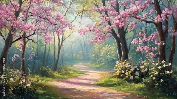Fototapeta Serene path through a blooming spring forest with pink and white flowers.