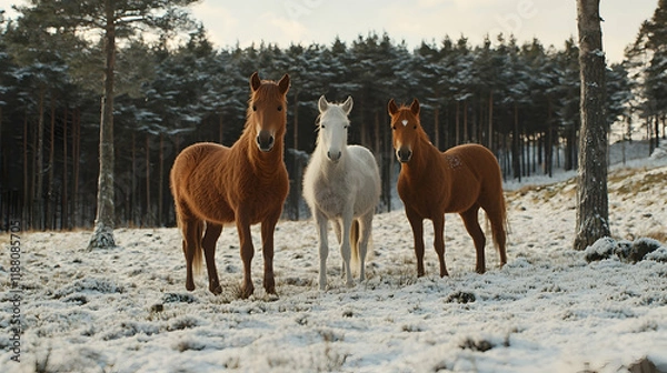 Fototapeta Three horses stand in snowy field, winter forest background, idyllic equine scene, perfect for calendar or postcard