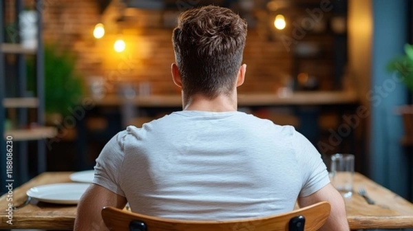 Fototapeta Male Loneliness Epidemic concept. A man sits at a wooden table, facing away, in a warm, inviting restaurant setting with soft lighting and greenery.