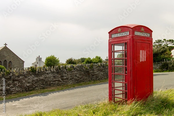 Fototapeta Red telephone booth at the cregneash village Isle of Man